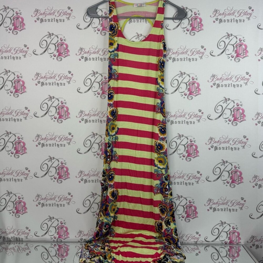 Solemio Los Angeles dress floral open back keyhole Pink Green Striped long
